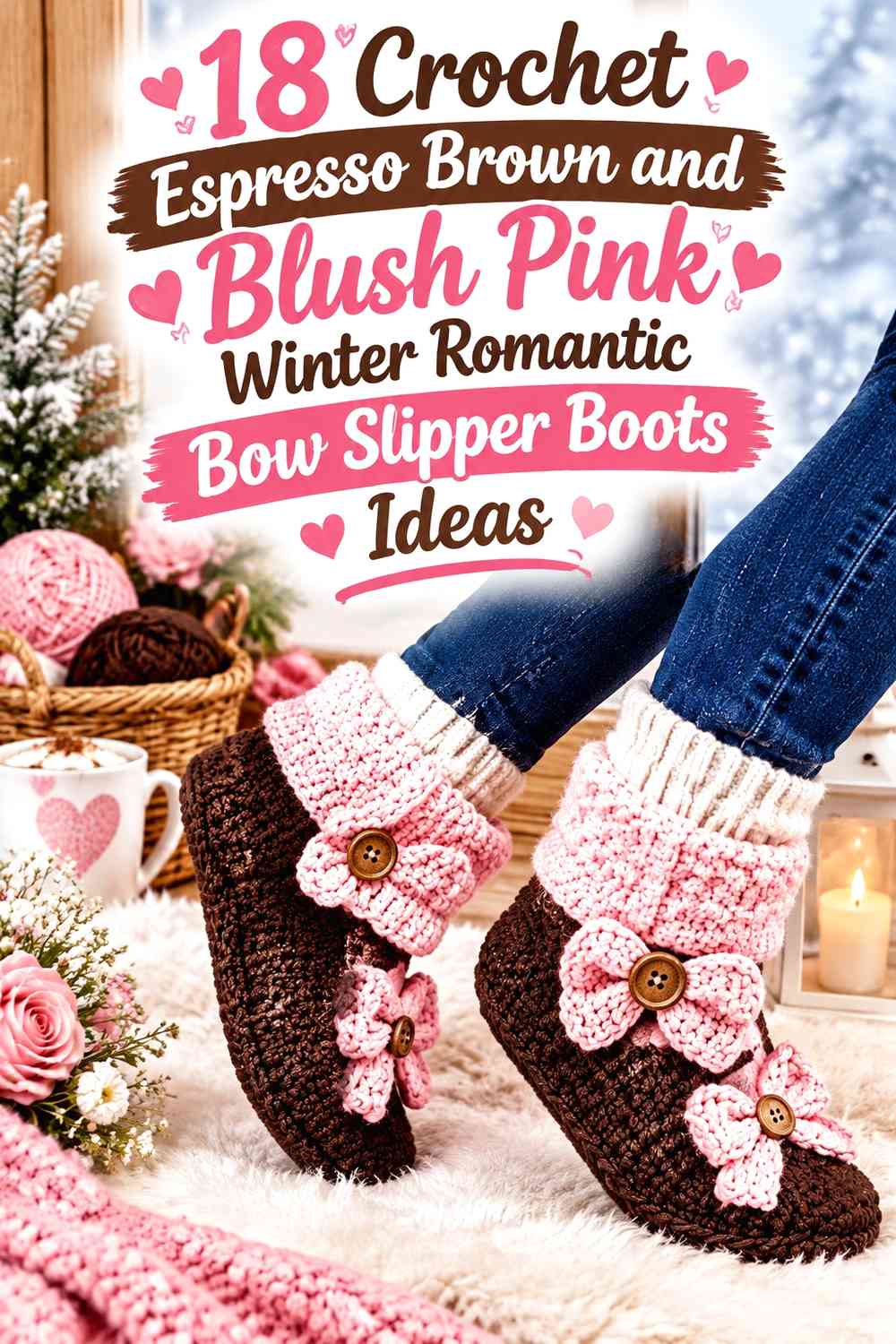Crochet Espresso Brown and Blush Pink Winter Romantic Bow Slipper Boots Ideas