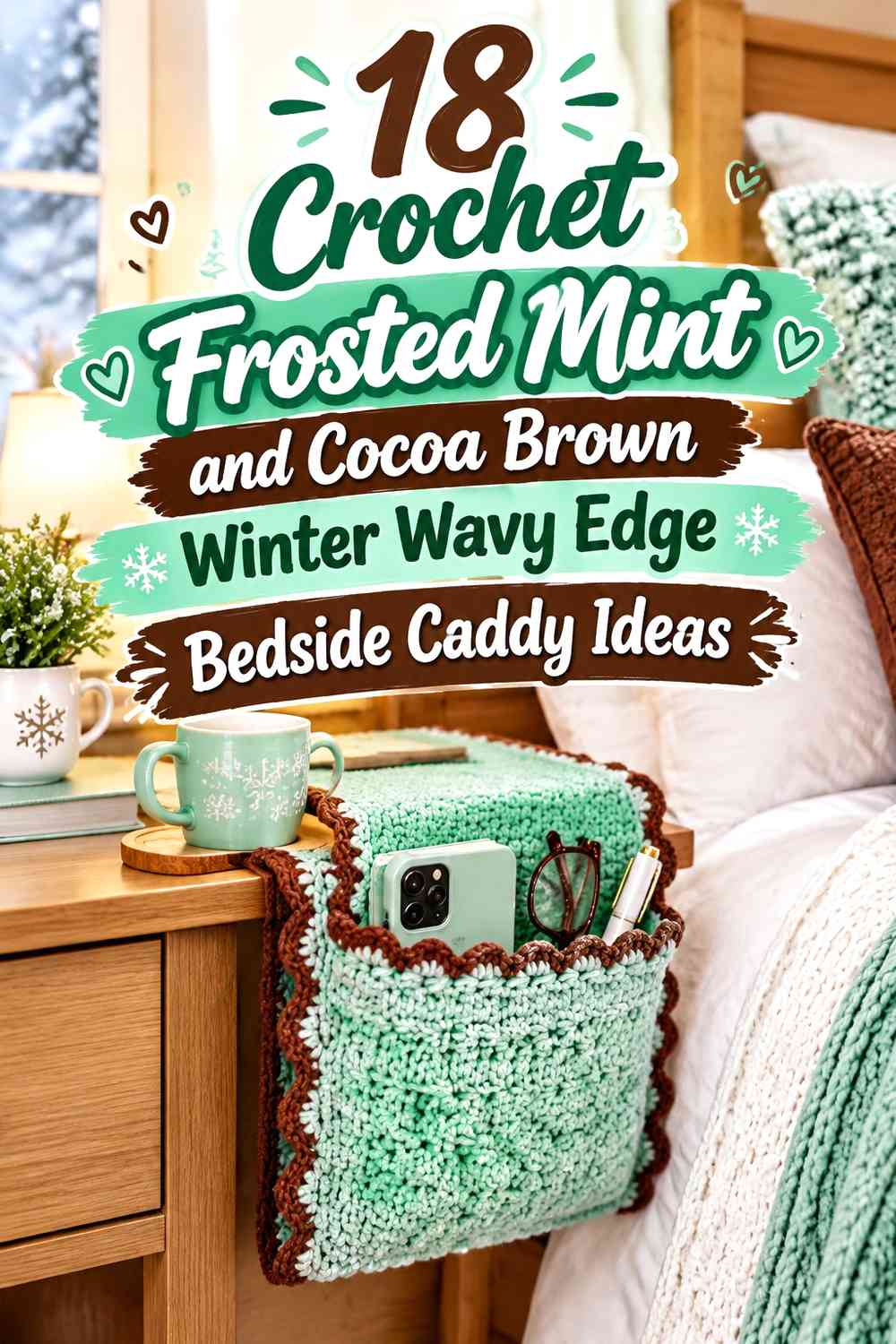 Crochet Frosted Mint and Cocoa Brown Winter Wavy Edge Bedside Caddy Ideas