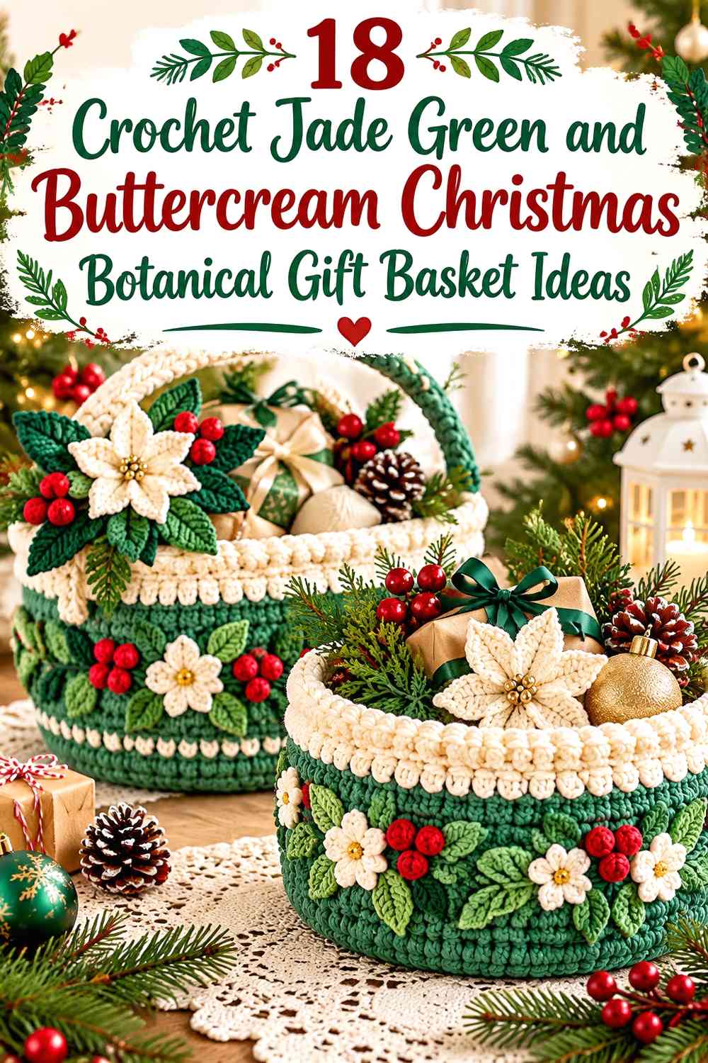 Crochet Jade Green and Buttercream Christmas Botanical Gift Basket Ideas