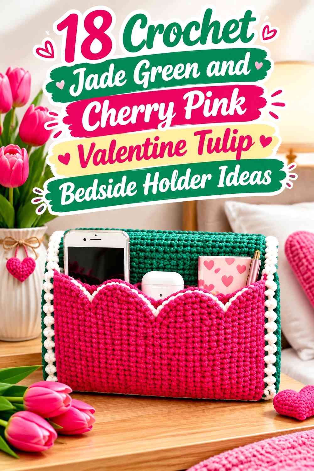 Crochet Jade Green and Cherry Pink Valentine Tulip Bedside Holder Ideas