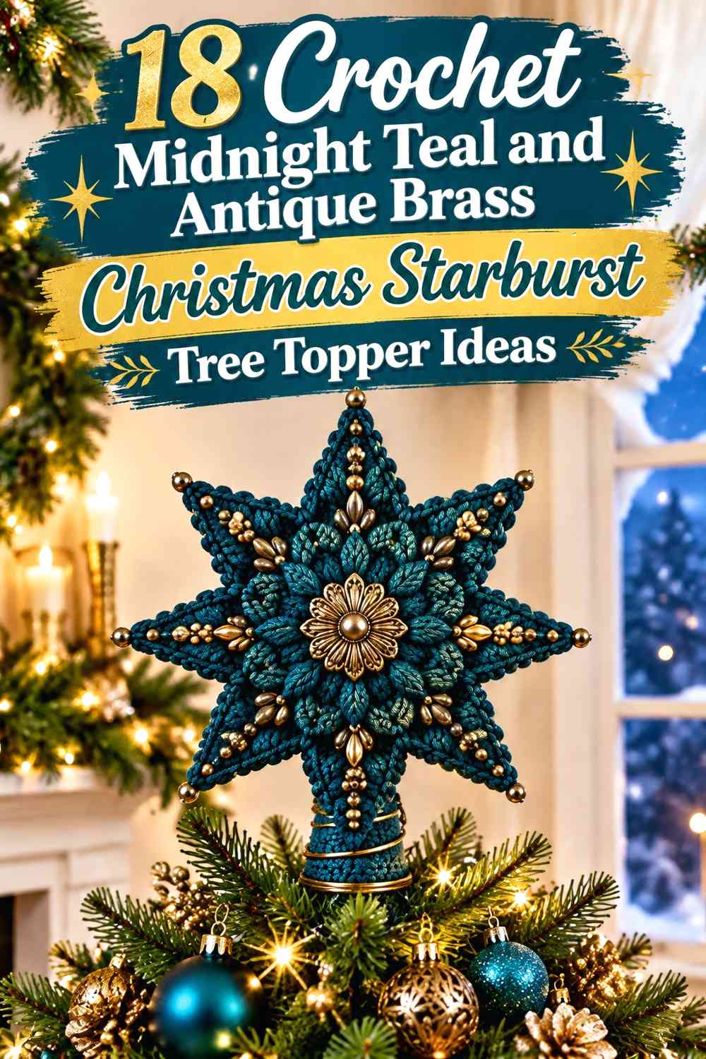 Crochet Midnight Teal and Antique Brass Christmas Starburst Tree Topper Ideas