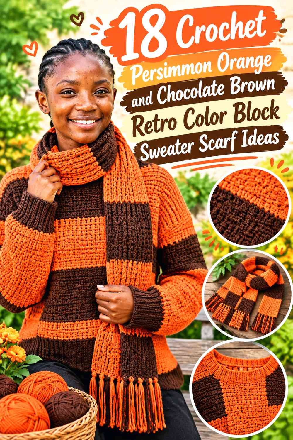 Crochet Persimmon Orange and Chocolate Brown Retro Color Block Sweater Scarf Ideas