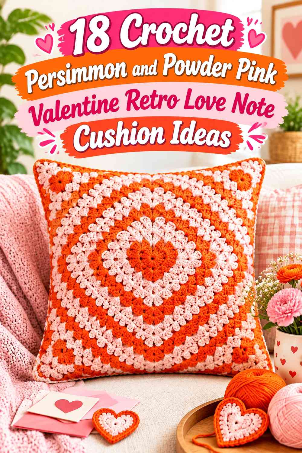 Crochet Persimmon and Powder Pink Valentine Retro Love Note Cushion Ideas