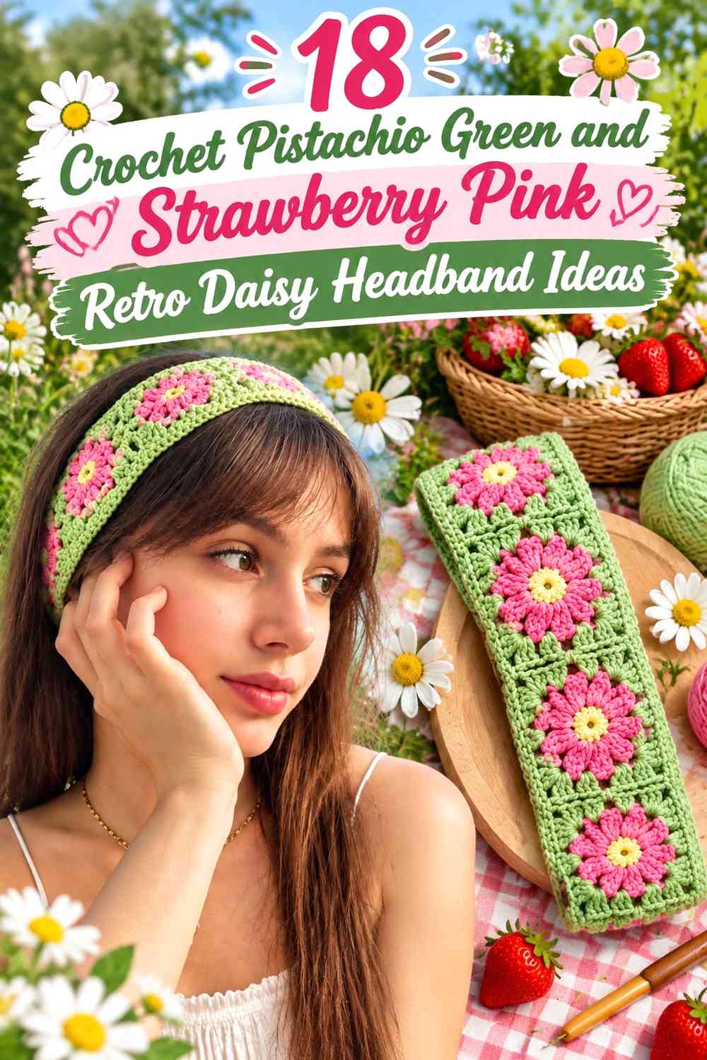Crochet Pistachio Green and Strawberry Pink Retro Daisy Headband Ideas