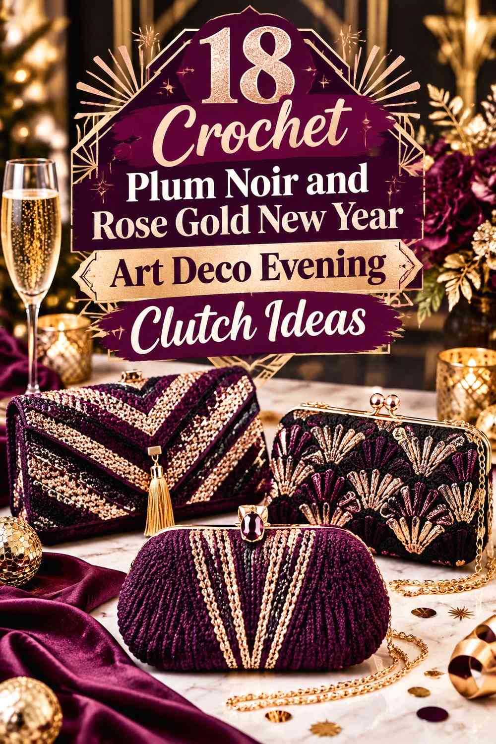 Crochet Plum Noir and Rose Gold New Year Art Deco Evening Clutch Ideas