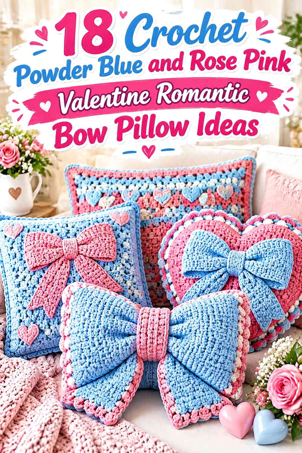 Crochet Powder Blue and Rose Pink Valentine Romantic Bow Pillow Ideas