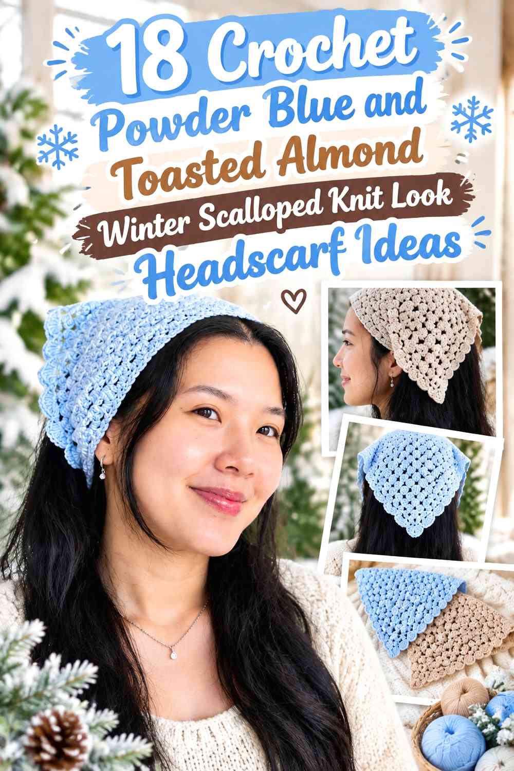 Crochet Powder Blue and Toasted Almond Winter Scalloped Knit Look Headscarf Ideas