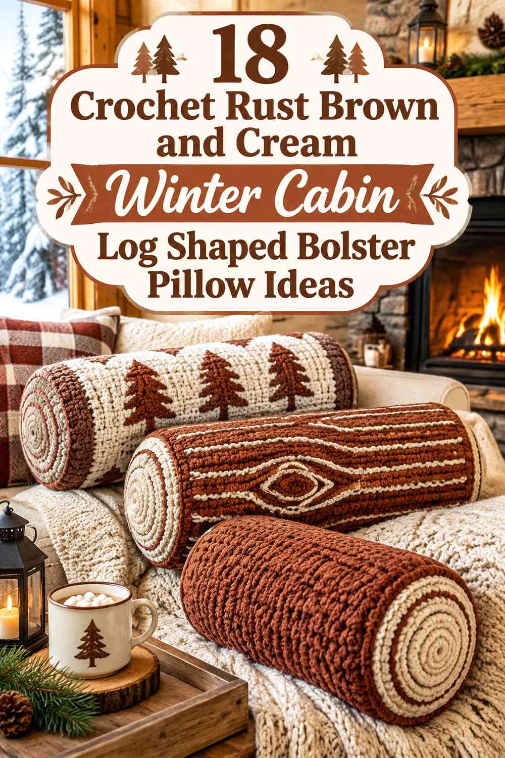 Crochet Rust Brown and Cream Winter Cabin Log Shaped Bolster Pillow Ideas