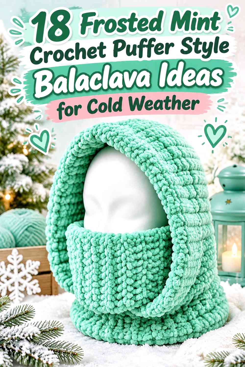 Frosted Mint Crochet Puffer Style Balaclava Ideas for Cold Weather