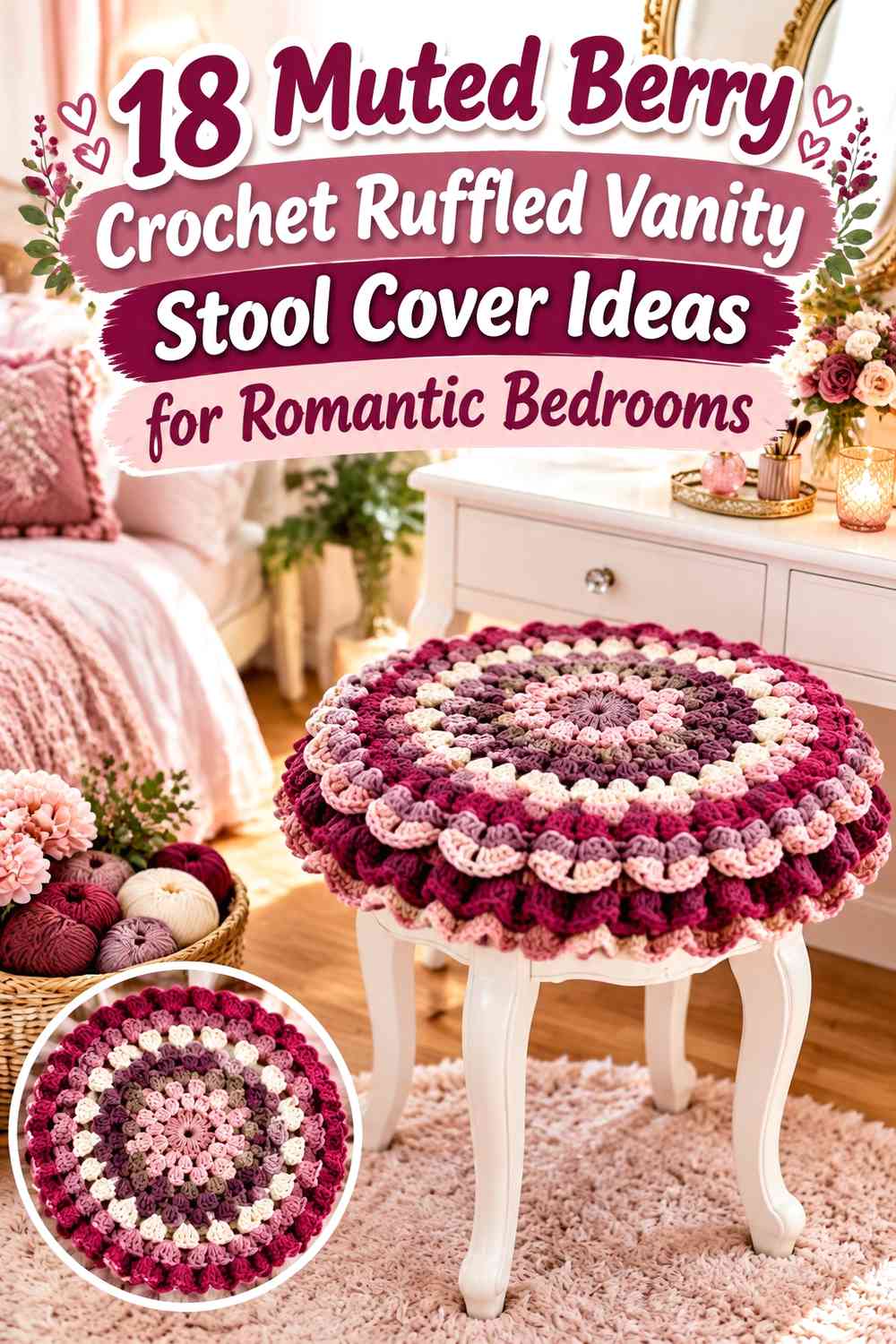 Muted Berry Crochet Ruffled Vanity Stool Cover Ideas for Romantic Bedrooms