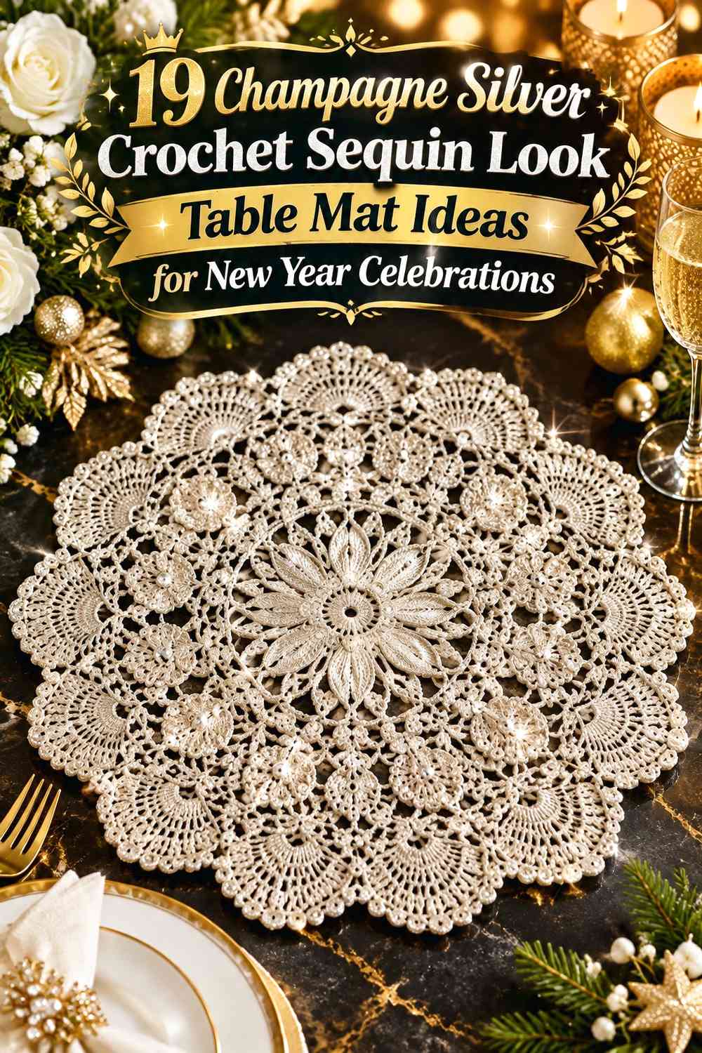 Champagne Silver Crochet Sequin Look Table Mat Ideas for New Year Celebrations