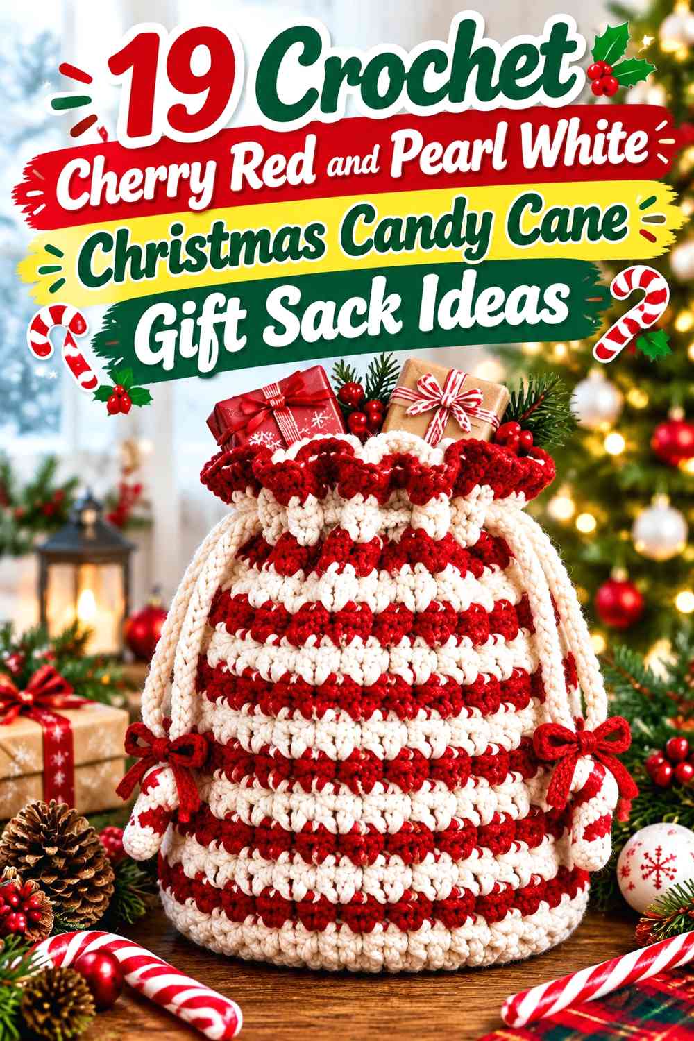 Crochet Cherry Red and Pearl White Christmas Candy Cane Gift Sack Ideas