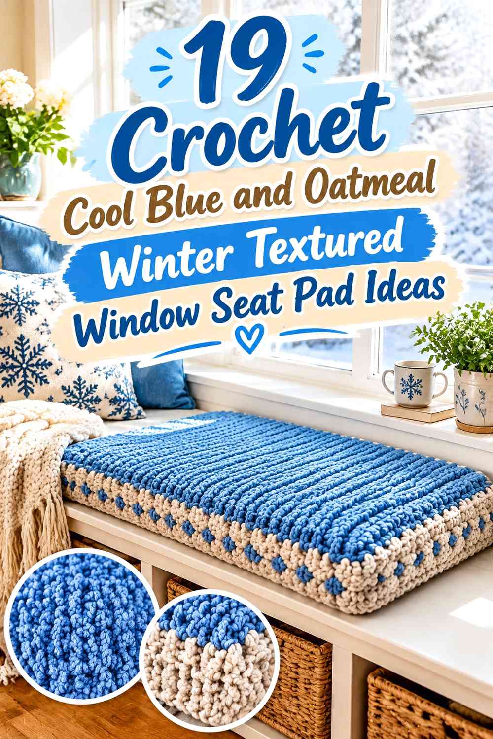 Crochet Cool Blue and Oatmeal Winter Textured Window Seat Pad Ideas