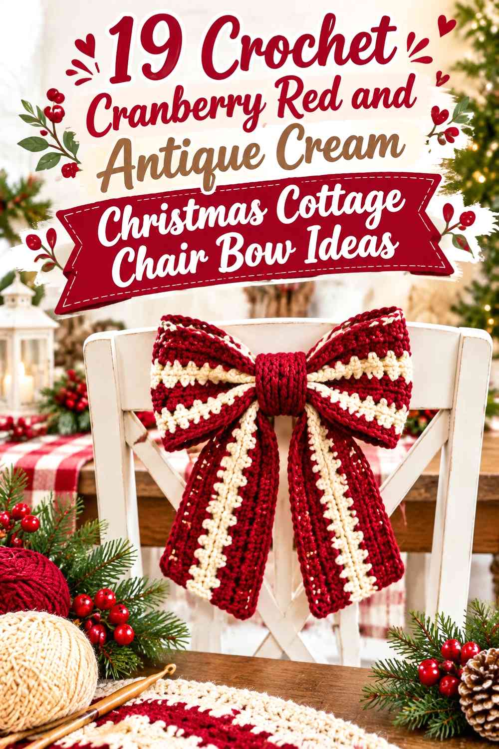 Crochet Cranberry Red and Antique Cream Christmas Cottage Chair Bow Ideas