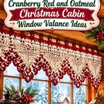 Crochet Cranberry Red and Oatmeal Christmas Cabin Window Valance Ideas