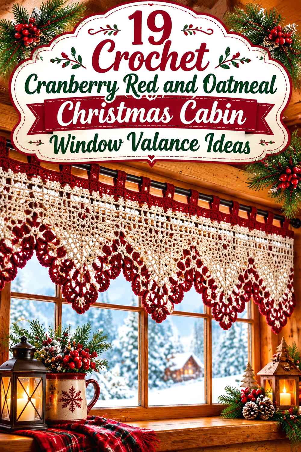 Crochet Cranberry Red and Oatmeal Christmas Cabin Window Valance Ideas