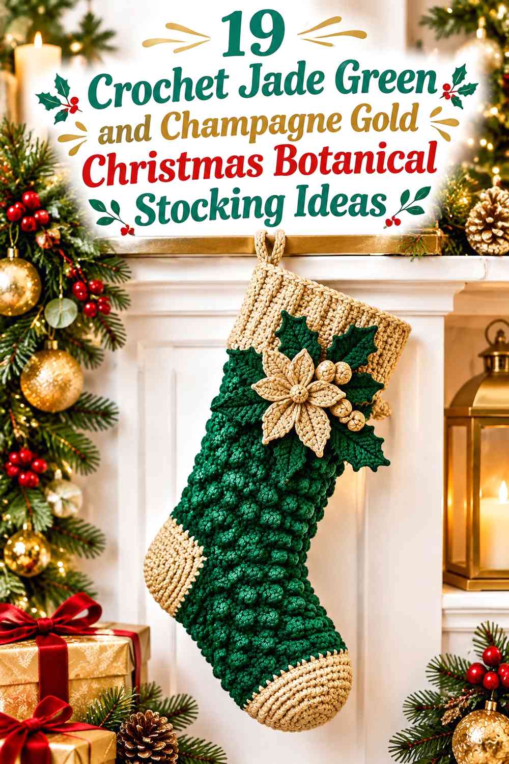 Crochet Jade Green and Champagne Gold Christmas Botanical Stocking Ideas
