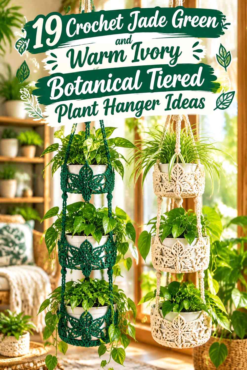 Crochet Jade Green and Warm Ivory Botanical Tiered Plant Hanger Ideas