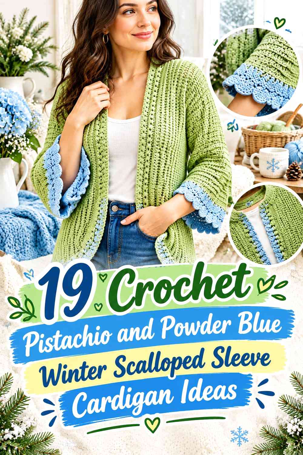 Crochet Pistachio and Powder Blue Winter Scalloped Sleeve Cardigan Ideas