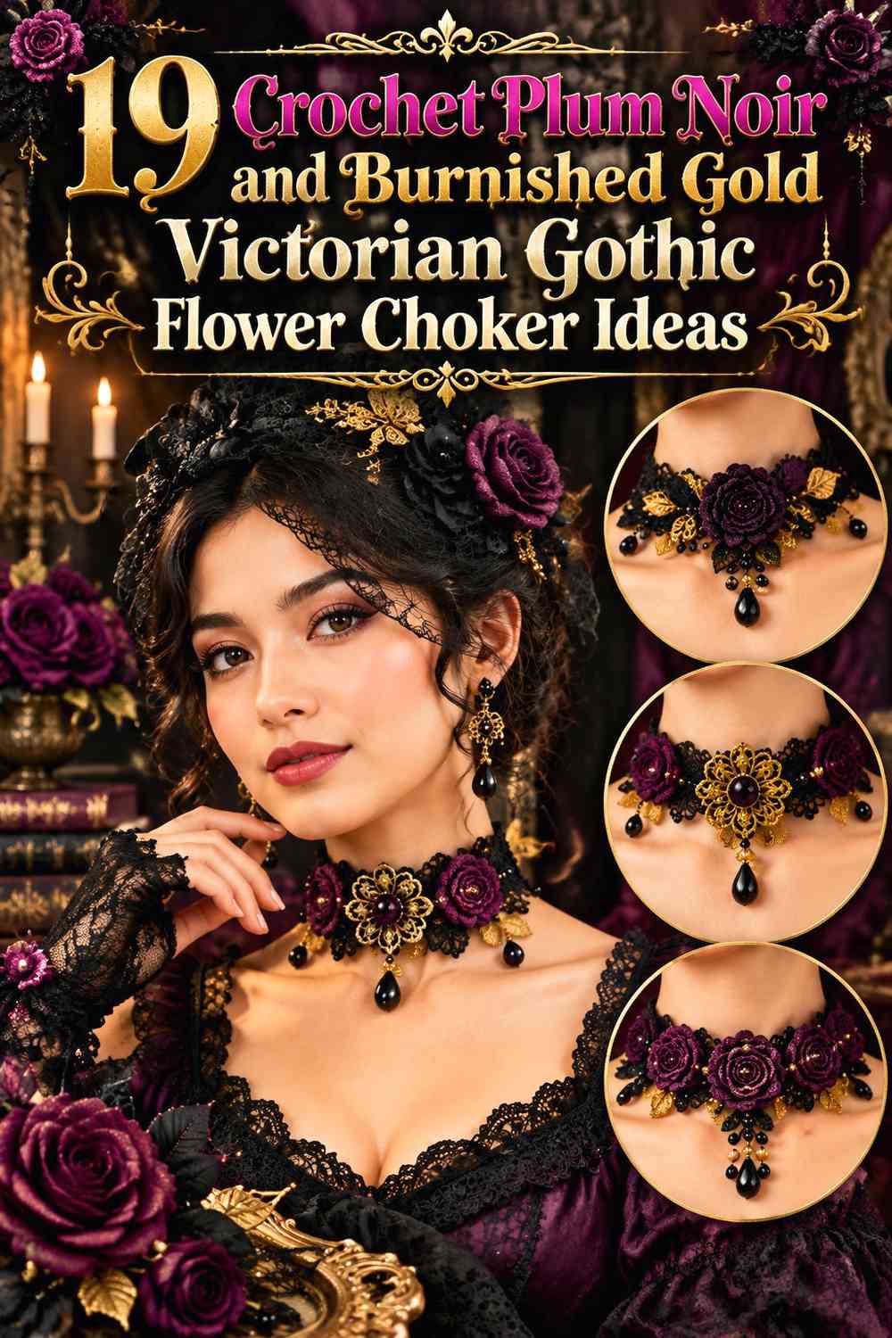 Crochet Plum Noir and Burnished Gold Victorian Gothic Flower Choker Ideas