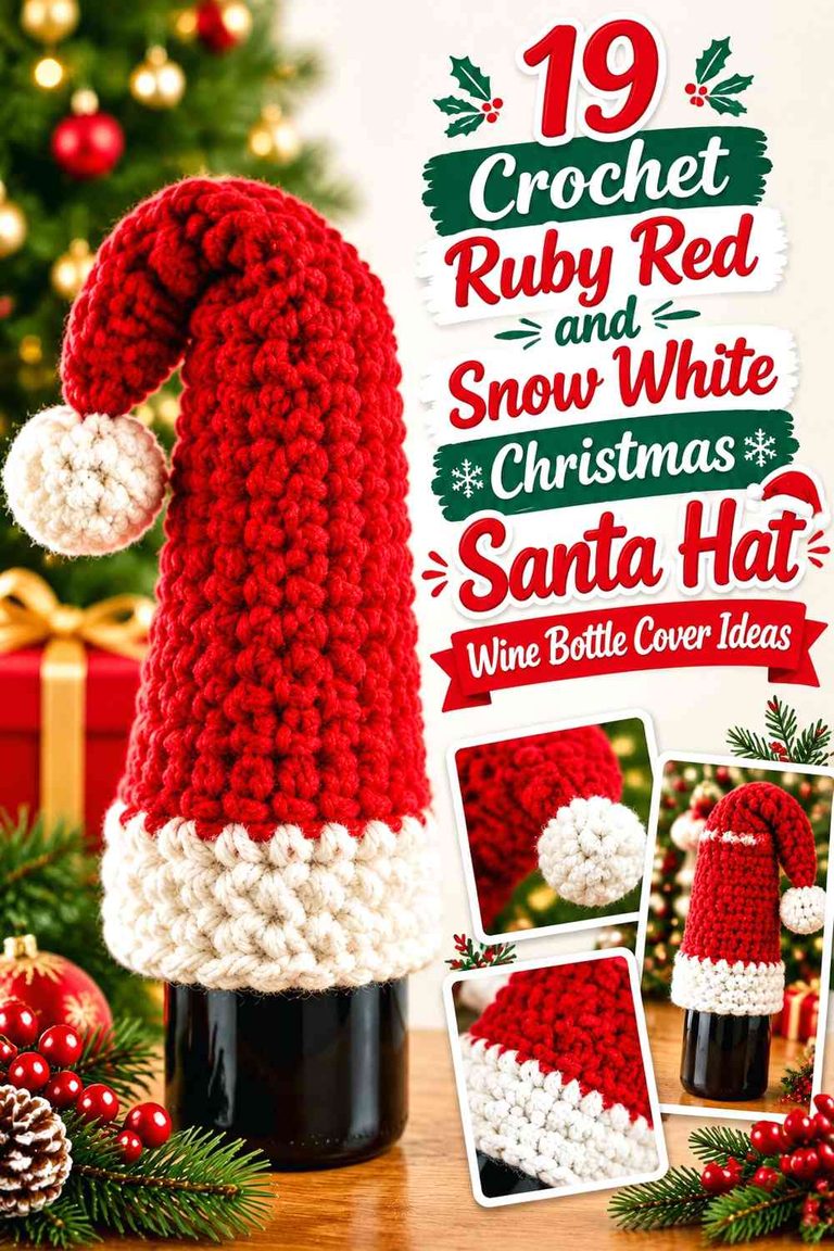 19 Crochet Ruby Red and Snow White Christmas Santa Hat Wine Bottle ...