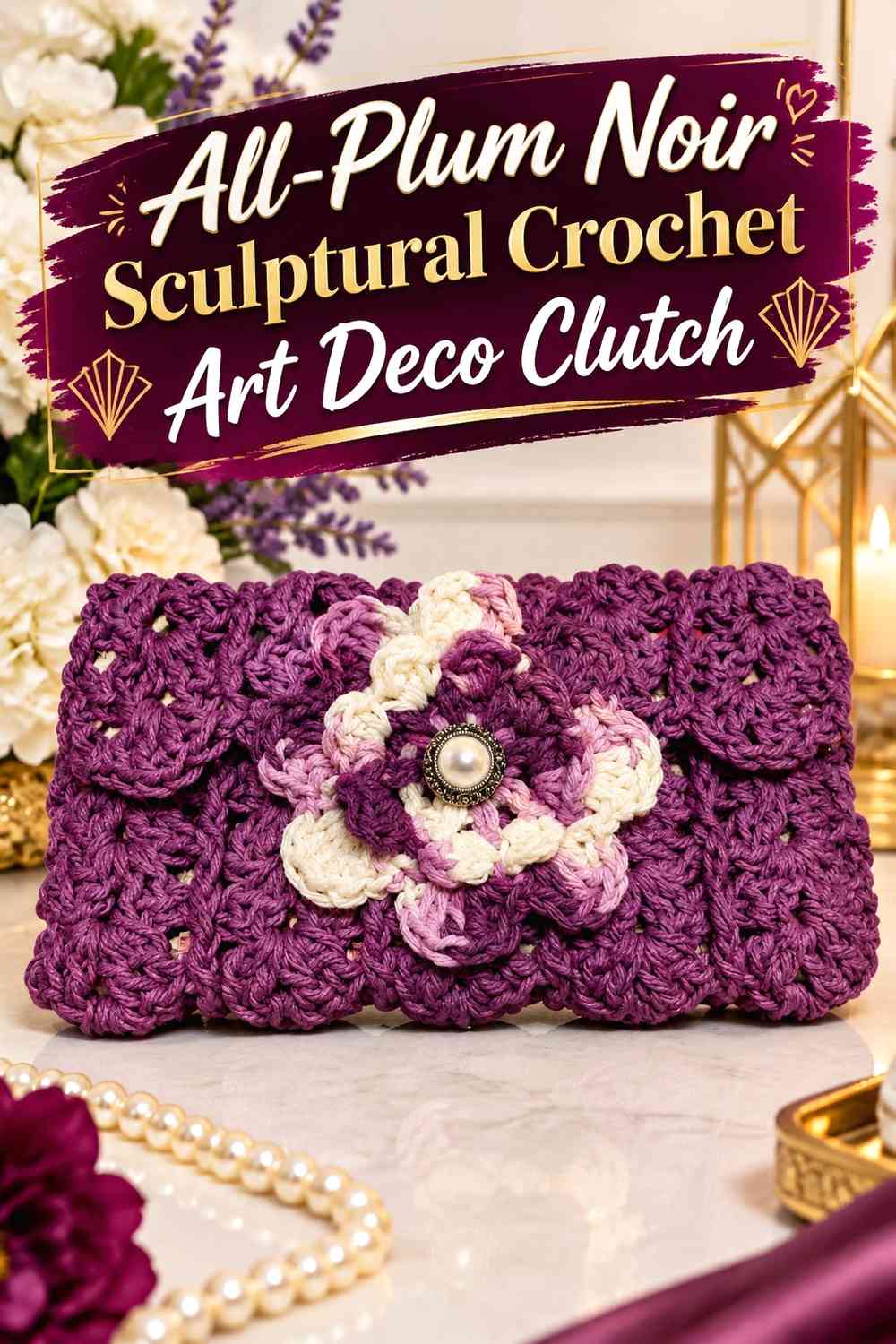 All-Plum Noir Sculptural Crochet Art Deco Clutch