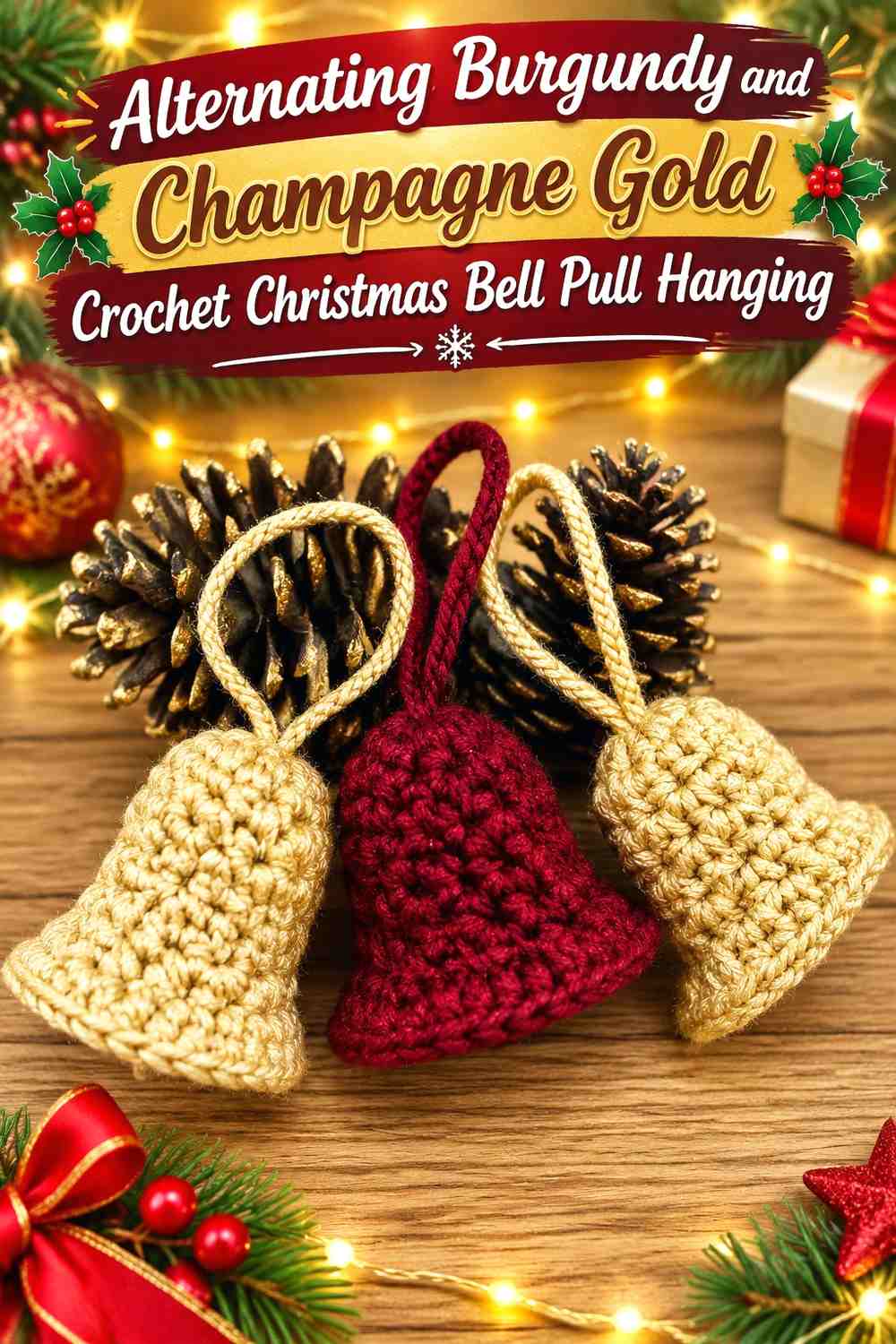 Alternating Burgundy and Champagne Gold Crochet Christmas Bell Pull Hanging
