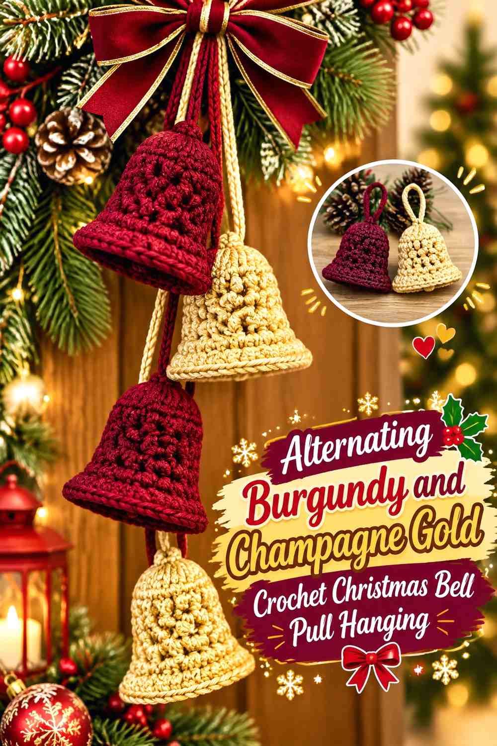 Alternating Burgundy and Champagne Gold Crochet Christmas Bell Pull Hanging