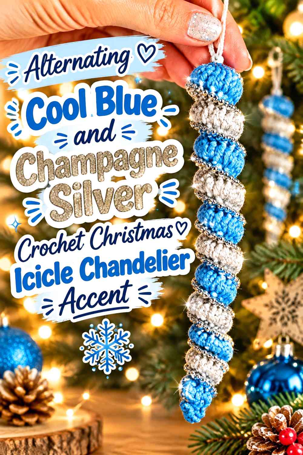 Alternating Cool Blue and Champagne Silver Crochet Christmas Icicle Chandelier Accent