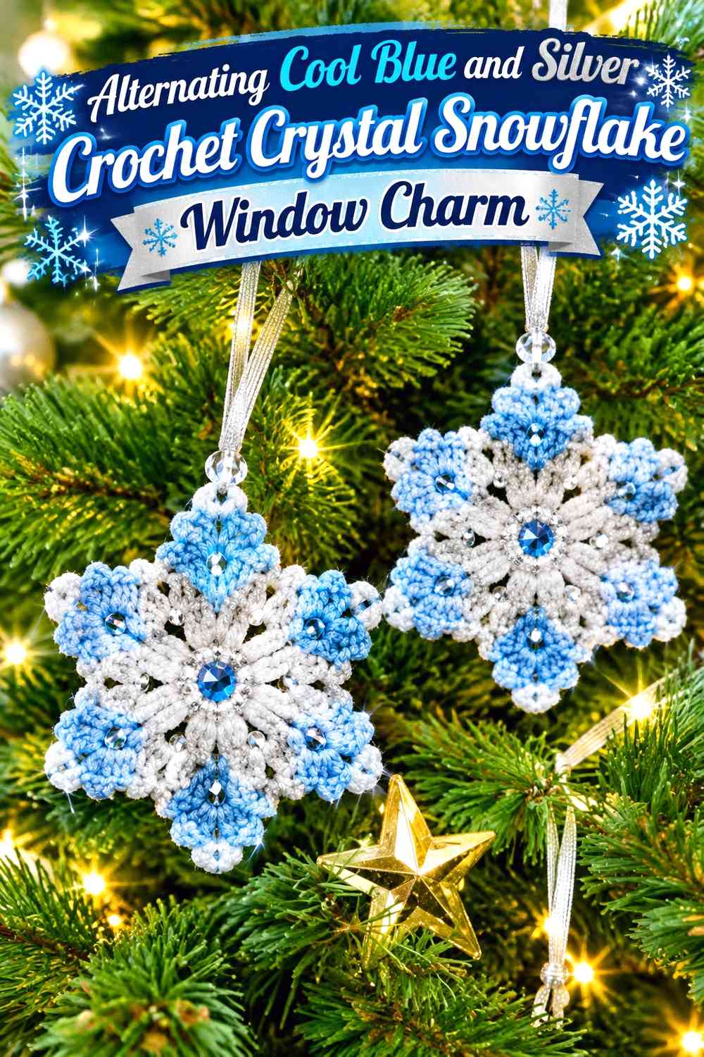Alternating Cool Blue and Silver Crochet Crystal Snowflake Window Charm