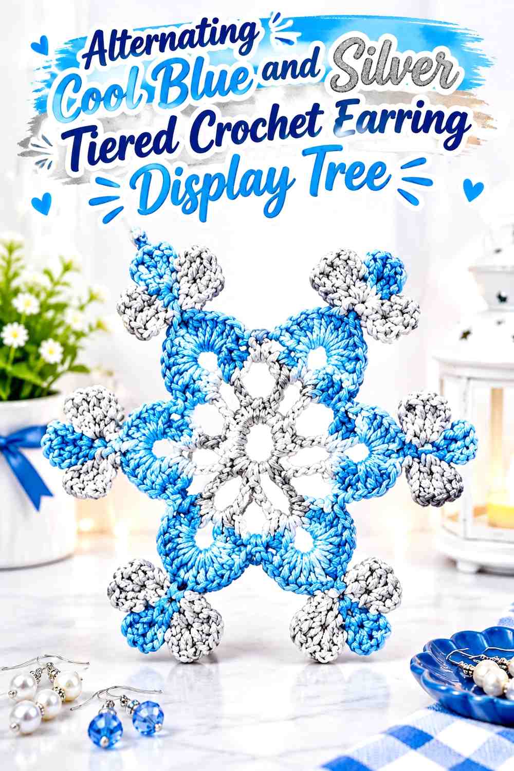 Alternating Cool Blue and Silver Tiered Crochet Earring Display Tree