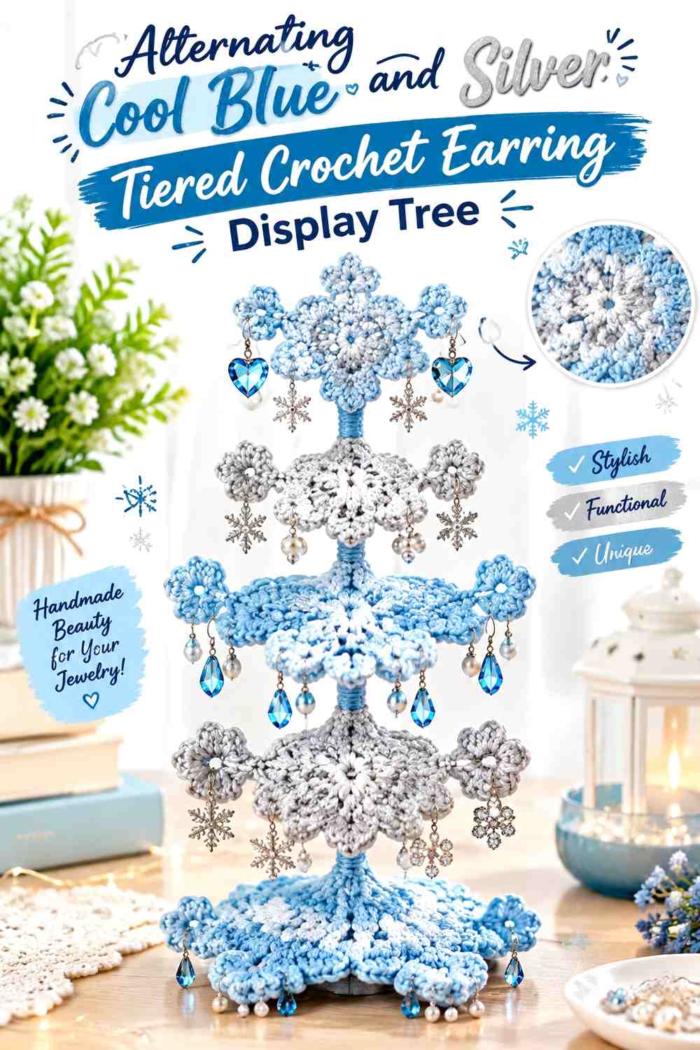 Alternating Cool Blue and Silver Tiered Crochet Earring Display Tree