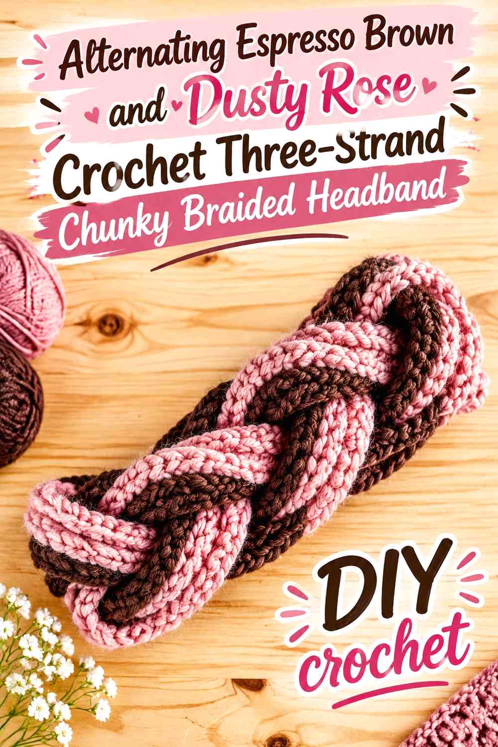 Alternating Espresso Brown and Dusty Rose Crochet Three-Strand Chunky Braided Headband