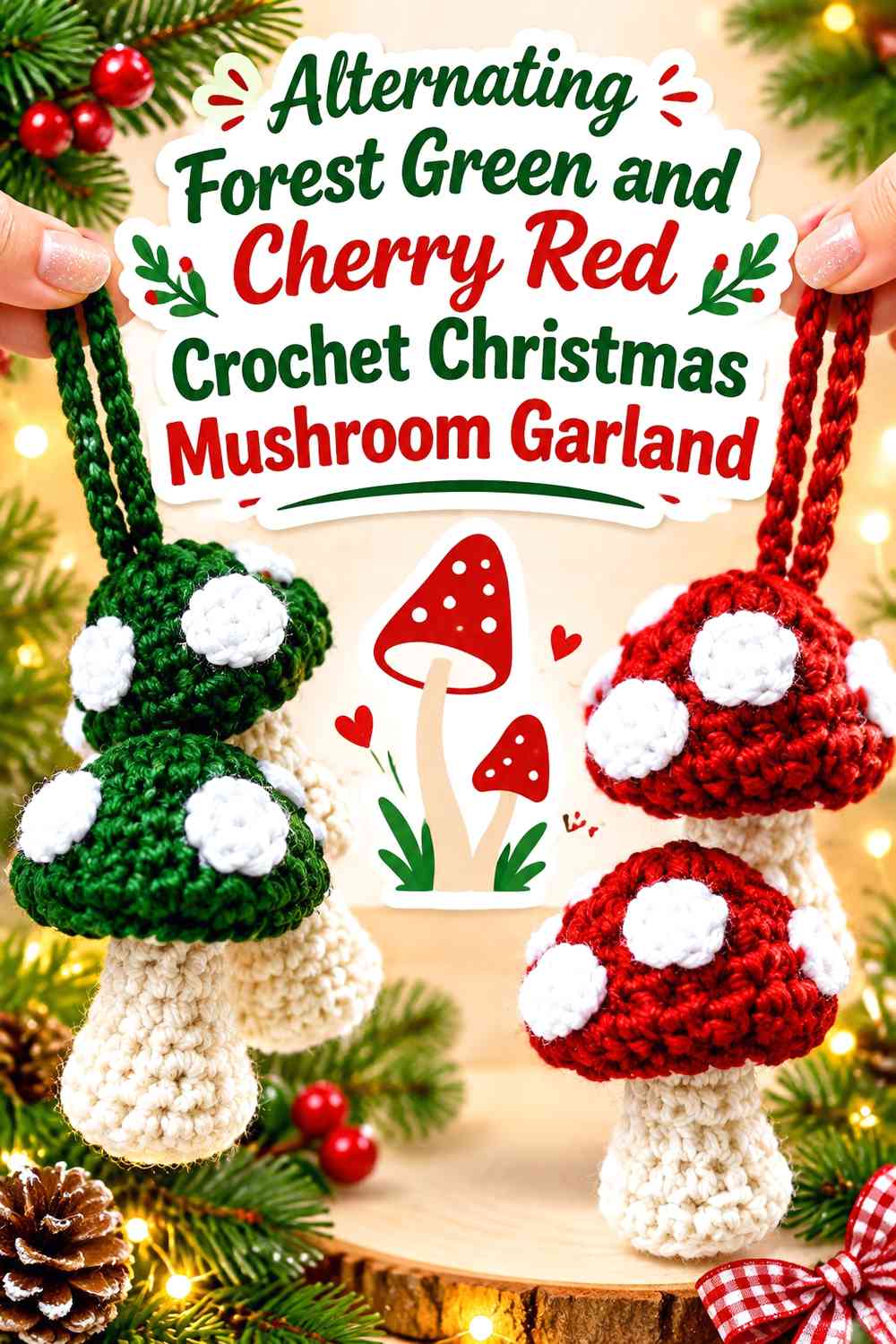 Alternating Forest Green and Cherry Red Crochet Christmas Mushroom Garland