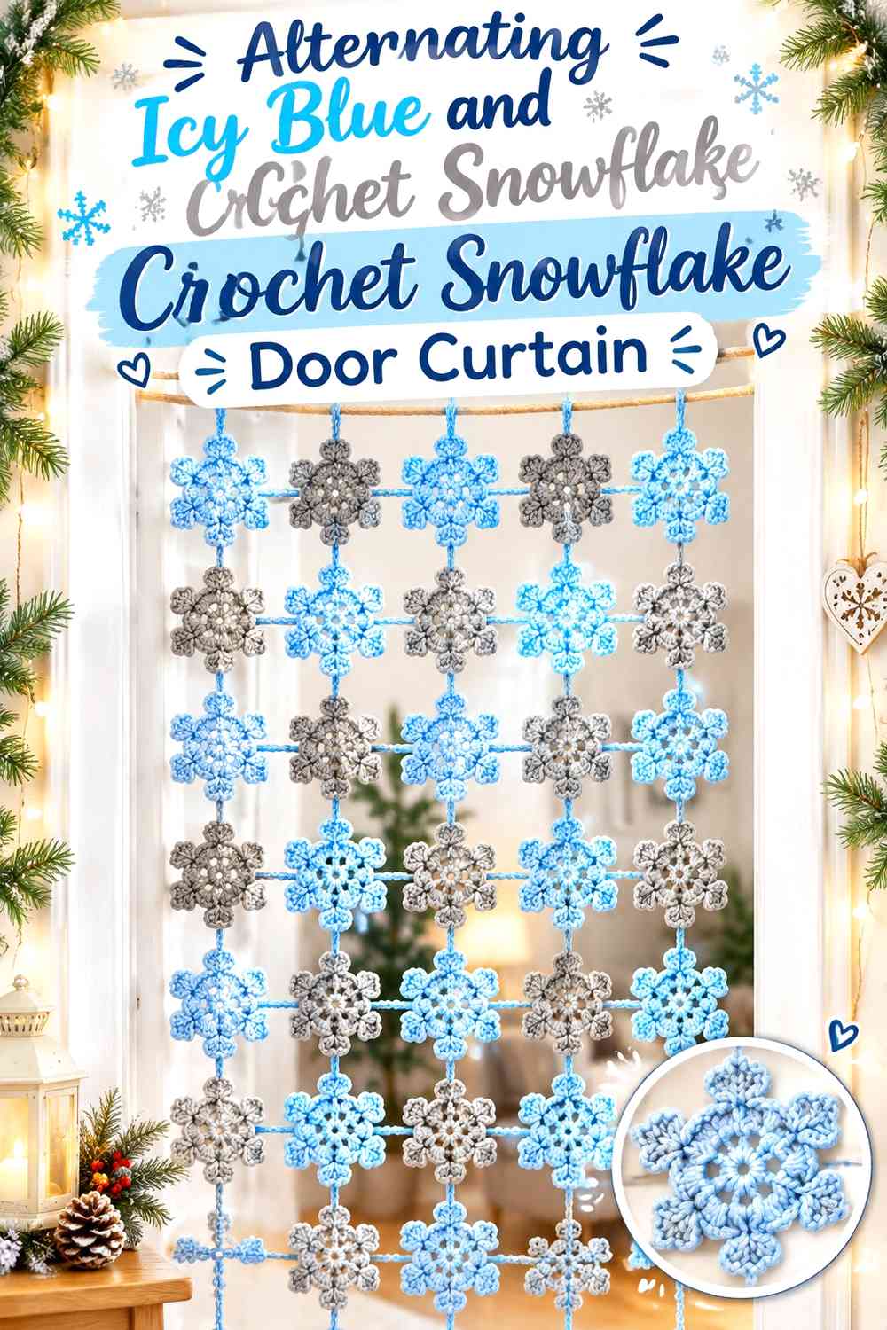 Alternating Icy Blue and Cloud Gray Crochet Snowflake Door Curtain
