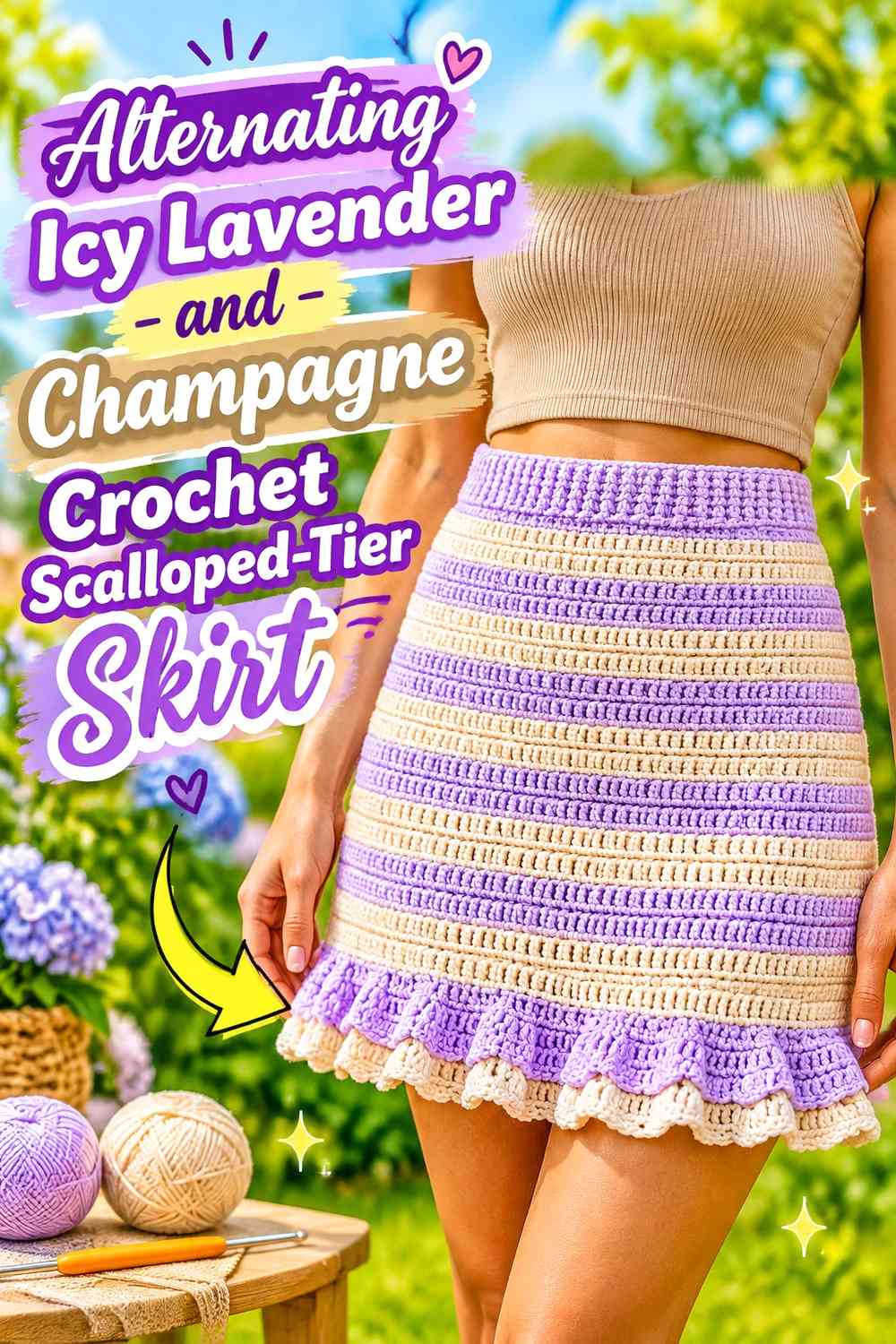 Alternating Icy Lavender and Champagne Crochet Scalloped-Tier Skirt