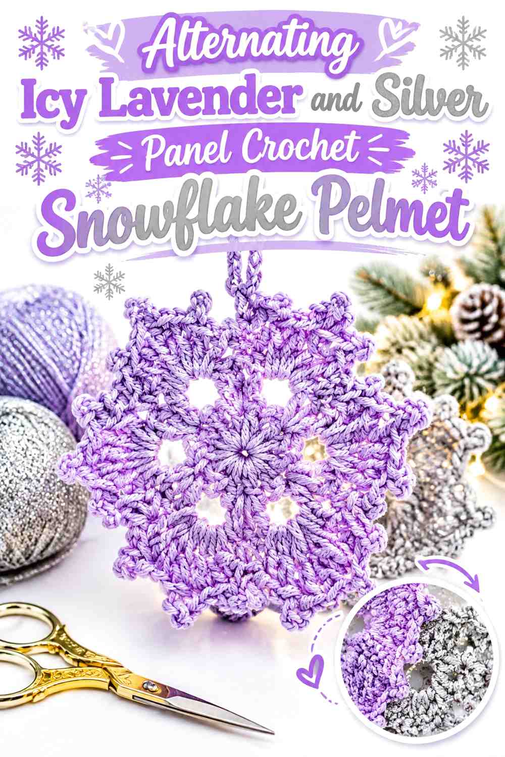 Alternating Icy Lavender and Silver Panel Crochet Snowflake Pelmet