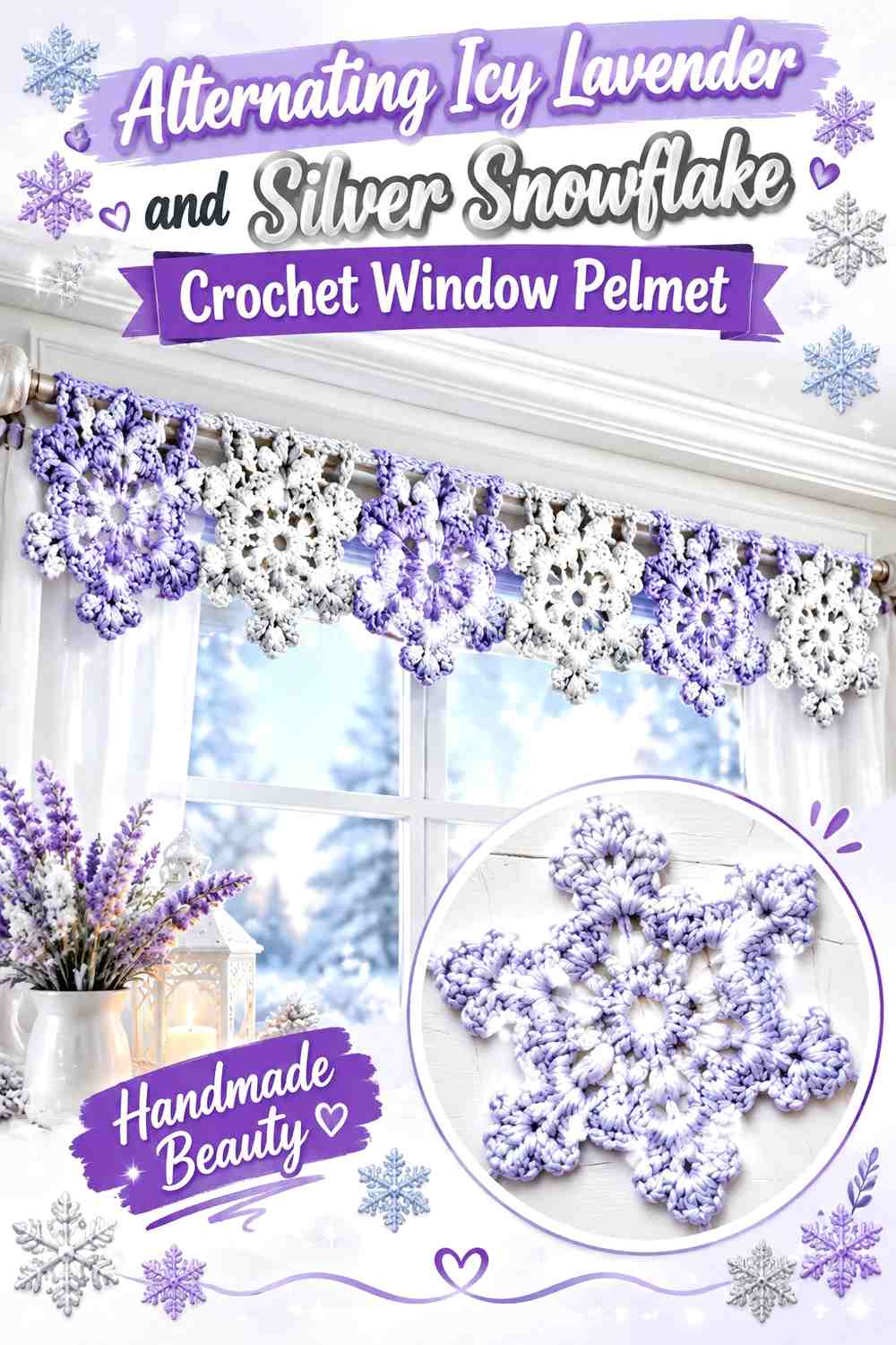 Alternating Icy Lavender and Silver Snowflake Crochet Window Pelmet