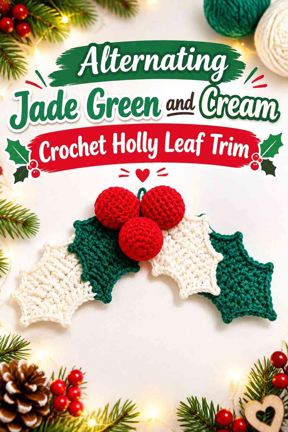 Alternating Jade Green and Cream Crochet Holly Leaf Trim
