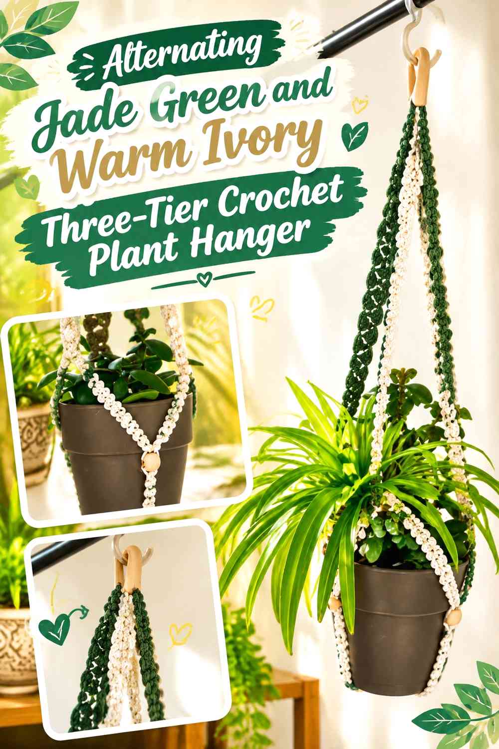 Alternating Jade Green and Warm Ivory Three-Tier Crochet Plant Hanger