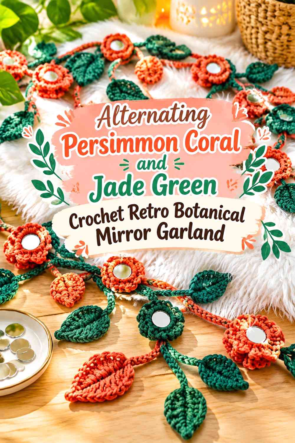 Alternating Persimmon Coral and Jade Green Crochet Retro Botanical Mirror Garland