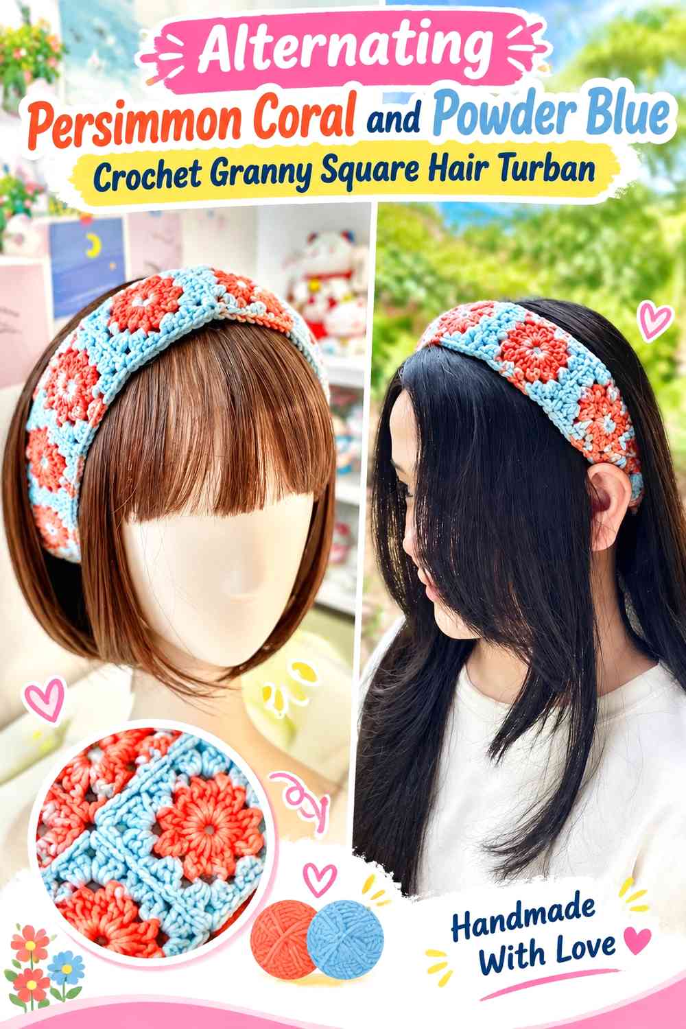 Alternating Persimmon Coral and Powder Blue Crochet Granny Square Hair Turban