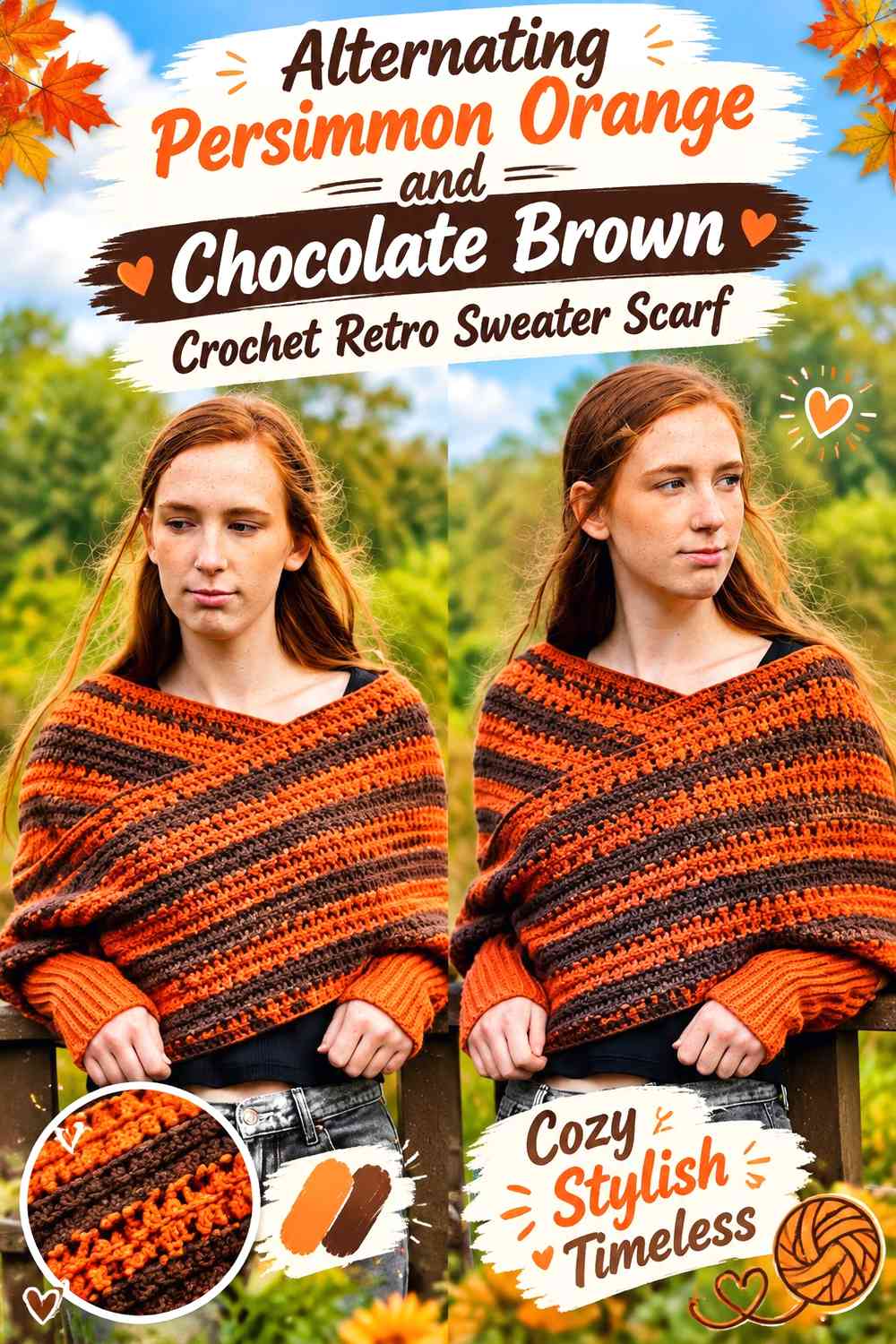Alternating Persimmon Orange and Chocolate Brown Crochet Retro Sweater Scarf
