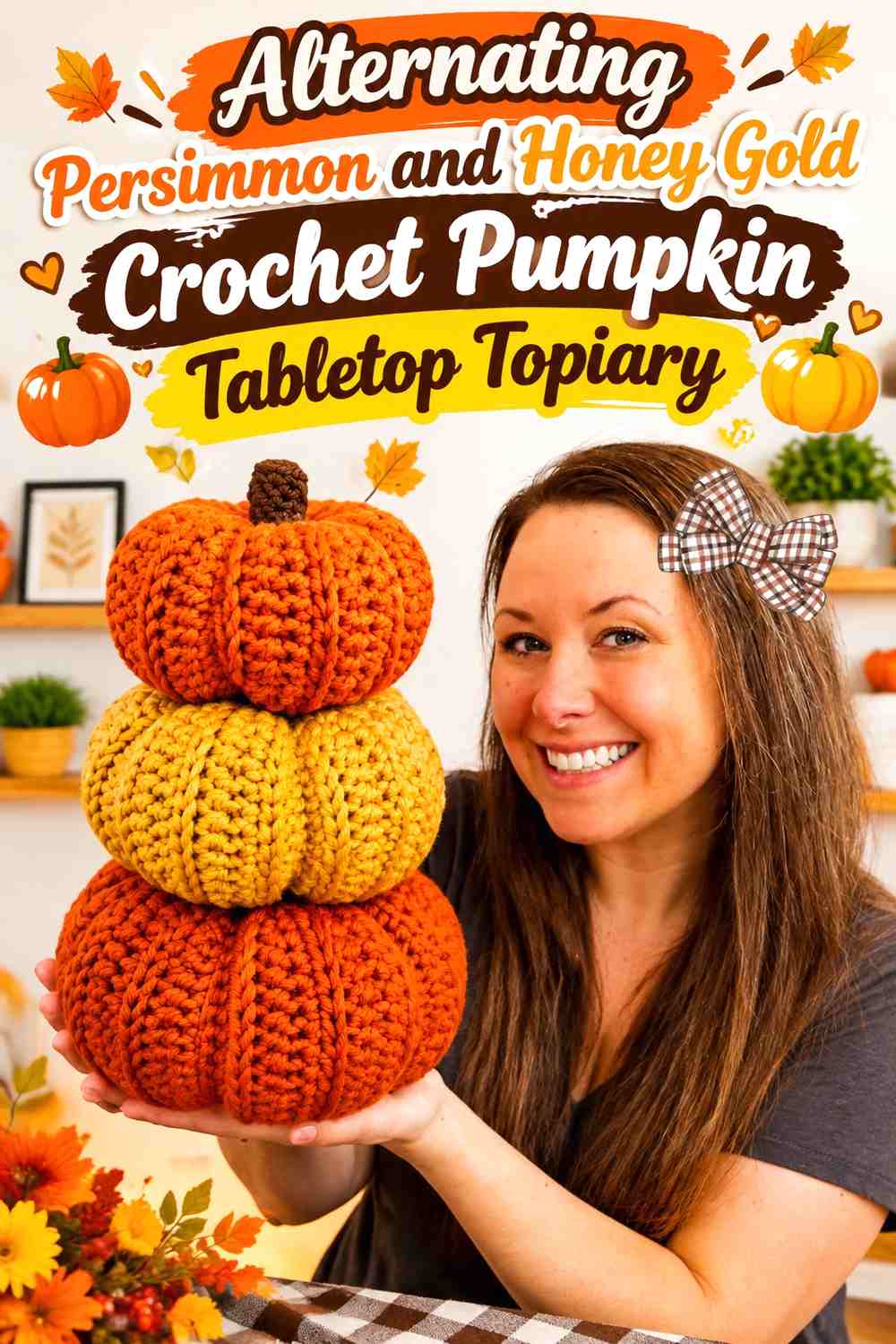 Alternating Persimmon and Honey Gold Crochet Pumpkin Tabletop Topiary