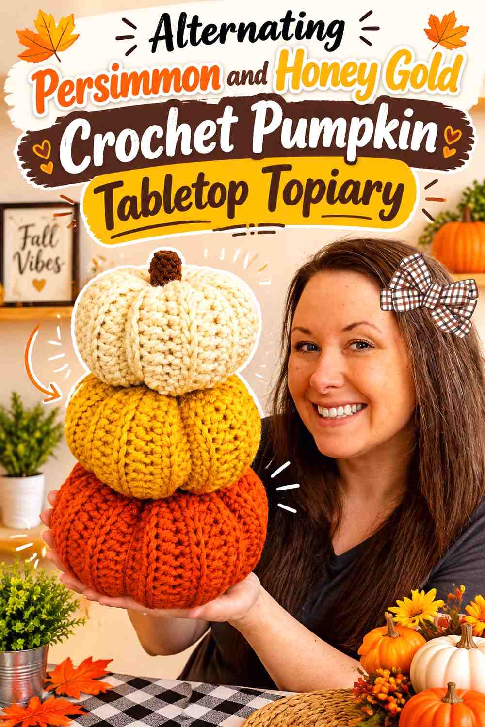 Alternating Persimmon and Honey Gold Crochet Pumpkin Tabletop Topiary