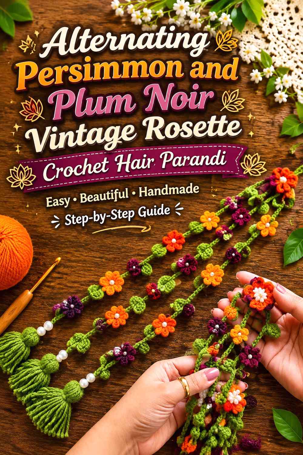 Alternating Persimmon and Plum Noir Vintage Rosette Crochet Hair Parandi