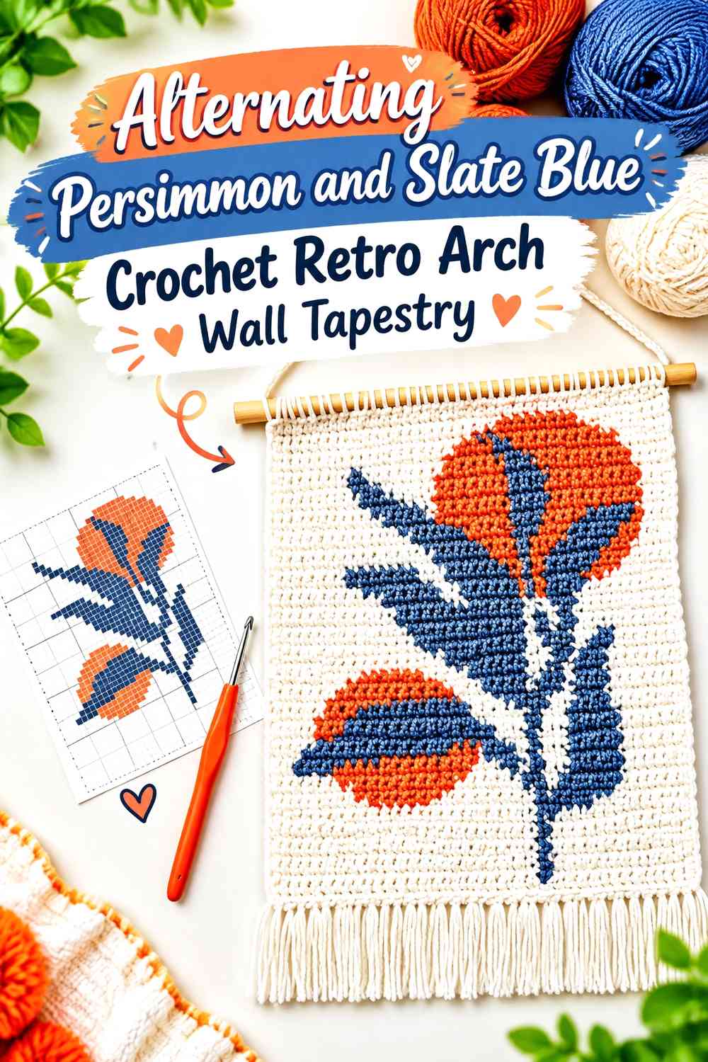 Alternating Persimmon and Slate Blue Crochet Retro Arch Wall Tapestry