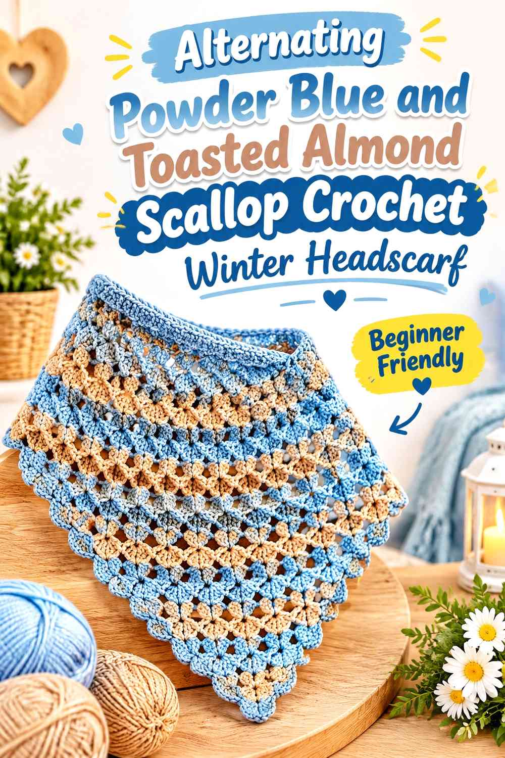 Alternating Powder Blue and Toasted Almond Scallop Crochet Winter Headscarf