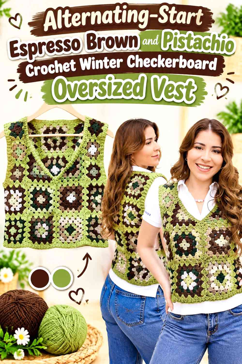 Alternating-Start Espresso Brown and Pistachio Crochet Winter Checkerboard Oversized Vest