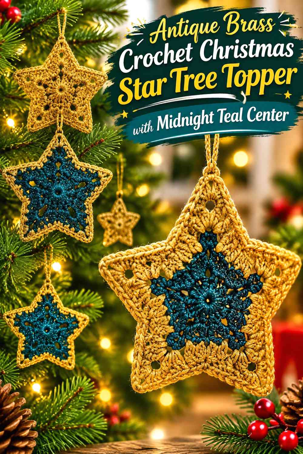 Antique Brass Crochet Christmas Star Tree Topper with Midnight Teal Center